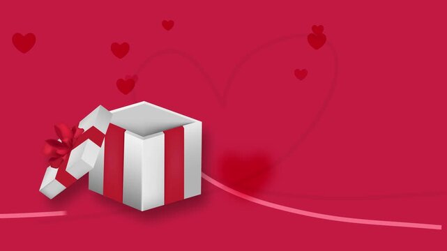 A romantic white gift box, a white line heart, and a red love pattern isolated on a red background