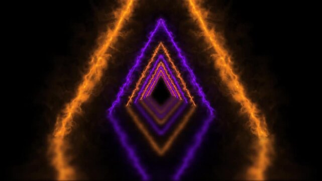 Glowing purple and golden orange neon tunnel with repeating triangular frames creating smooth forward motion, deep perspective and colorful reflections for futuristic music videos and VJ visuals in 4k