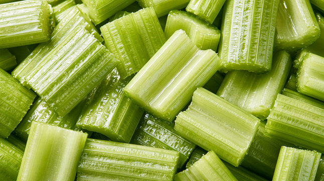 Fresh chopped green celery stalks piled together under soft lighting, creating a vibrant texture. Healthy vegetable background for diet and nutrition concepts.