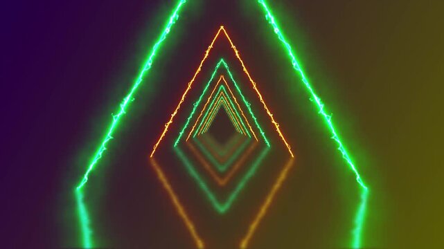 Futuristic neon running tunnel with green and orange triangular frames moving forward into deep perspective, creating a colorful cyber corridor background for music, gaming and VJ visuals in 4k