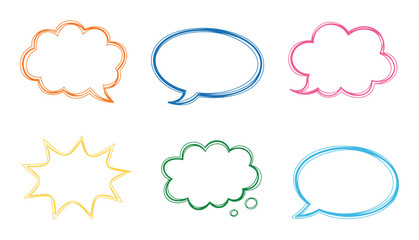 Obraz premium Set of six colorful hand-drawn speech bubbles and thought clouds with scribbled outlines in orange, blue, pink, yellow, green, and light blue on a white background