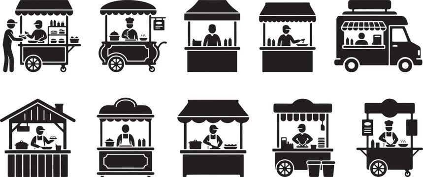 Different styles of vintage street food kiosks and vendor stalls