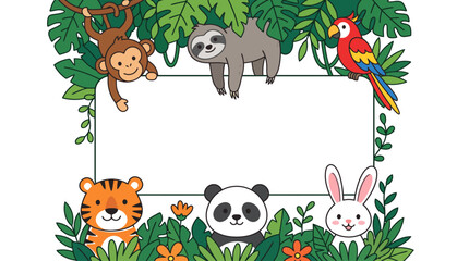 Obraz premium Cute jungle animals frame illustration, cartoon safari animal border vector, tropical leaf blank banner for kids design