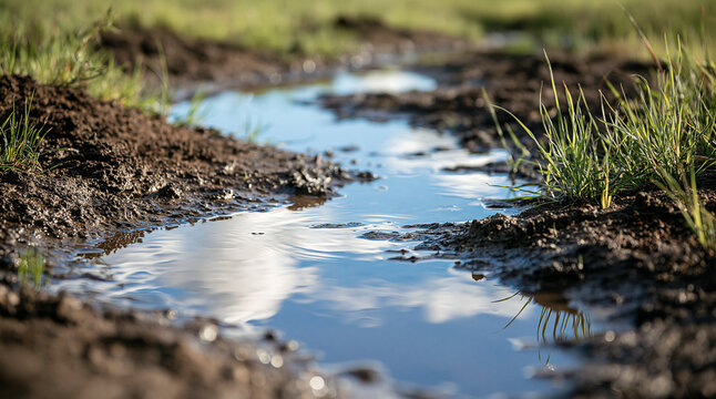 Muddy puddle reflecting the blue sky and clouds in a rural field during daytime. Ideal for environmental and weather concepts.