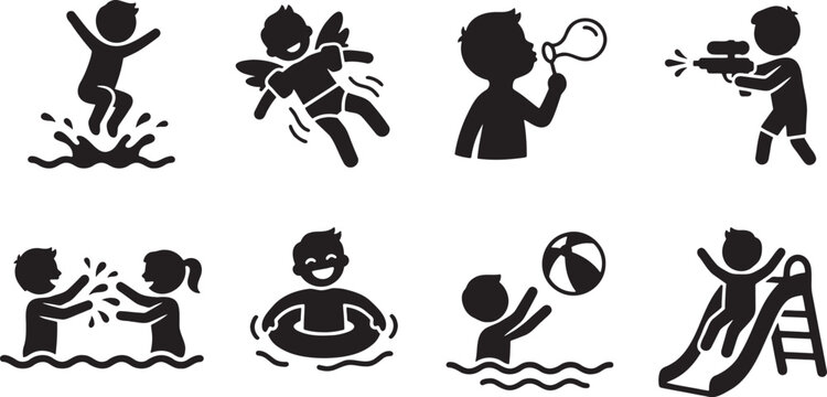 Happy kids playing with water in swimming pools and slides