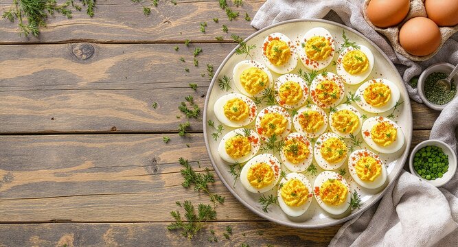 High angle view of a round platter with classic deviled eggs sprinkled with paprika, served on a rustic wooden table alongside whole chicken eggs and chopped chives for a food celebration.