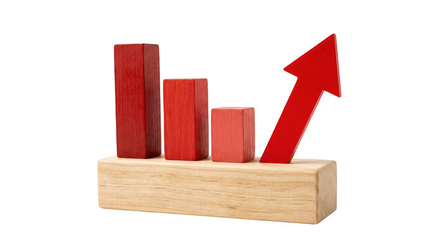 Red wooden blocks decreasing chart with upward arrow isolated on transparent background