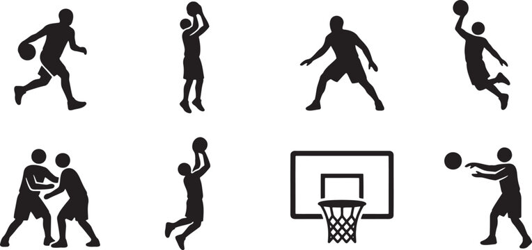 Basketball players dribbling shooting slams and defending court positions
