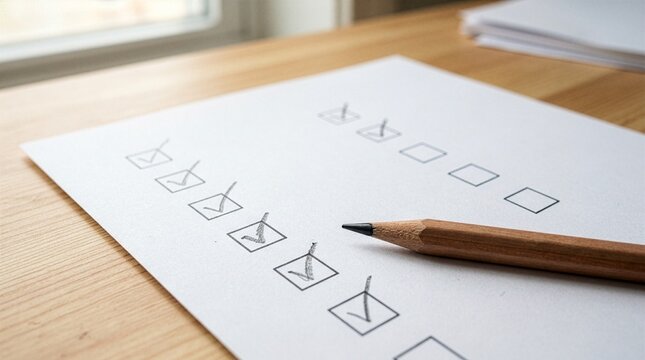 A wooden pencil lying on a white sheet of paper with hand-drawn checklist boxes and check marks on a wooden table, representing business tasks, planning, and evaluation.