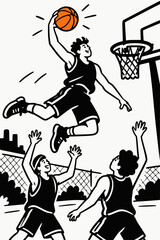 lat illustration of young man slam dunking at outdoor basketball court © Anton