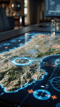 Futuristic geopolitical news background with 3D map interface on tactical command table