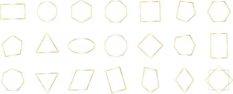 Collection of golden geometric frames, thin polygon and shape outlines isolated on a white background