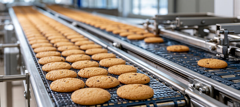 Fresh cookies moving along a bright industrial conveyor belt in a modern baking factory under clean lighting. Ideal for food production and manufacturing concepts.