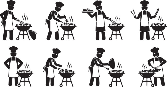 Chefs and outdoor cooks grilling barbecue on traditional grills