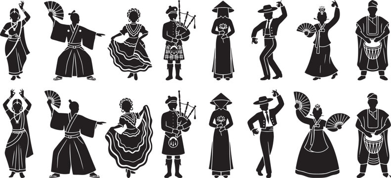 Traditional folk dancers performing in cultural ethnic costumes around the world