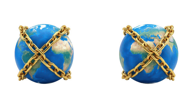 Two globes wrapped in golden chains isolated on transparent background