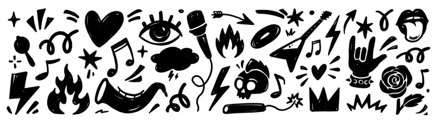 Naklejka na ściany i meble Music rock hand drawn grunge element set. Hand drawn music rock chalk crayon element grunge doodle icon tattoo lightning. Punk skull band flame sticker y2k guitar graffiti emo. Vector