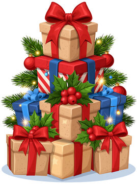 Illustrated stack of colorful wrapped Christmas presents with holly and pine, isolated on white or transparent background