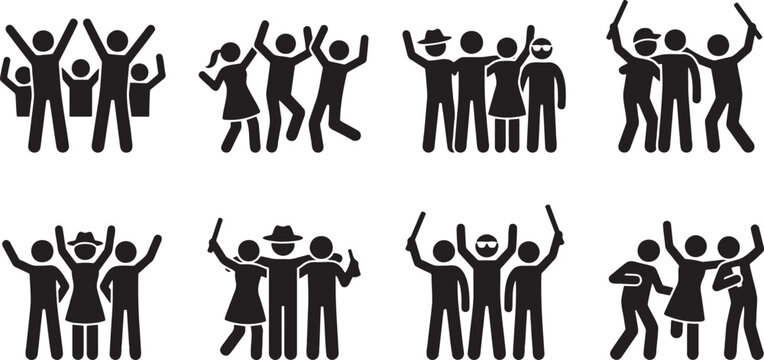 Cheerful party people celebrating and dancing together silhouette icons