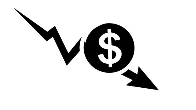 Black downward trending graph with dollar symbol coin, isolated on transparent background
