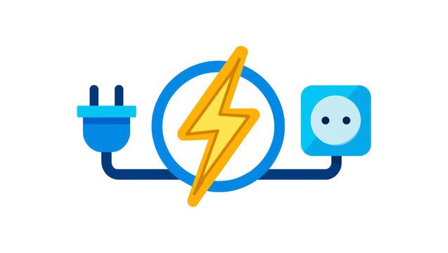 Blue electrical plug and socket connected by wire, lightning bolt symbol isolated on transparent background