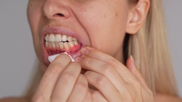 Young woman reveals bleeding gum while touching lower lip, showing inflammation, tenderness and dental health problem that may require oral care or dentist consultation