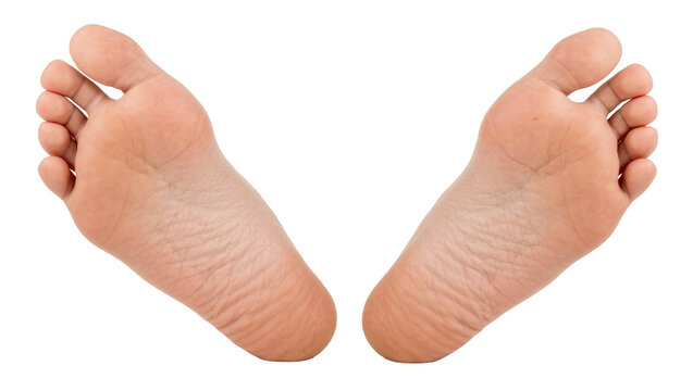 Two bare human feet soles facing outwards, isolated on transparent background