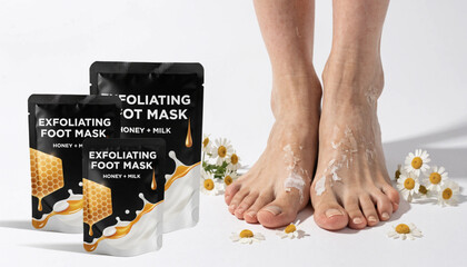 Obraz premium Exfoliating foot mask pouches with honey milk and chamomile flowers