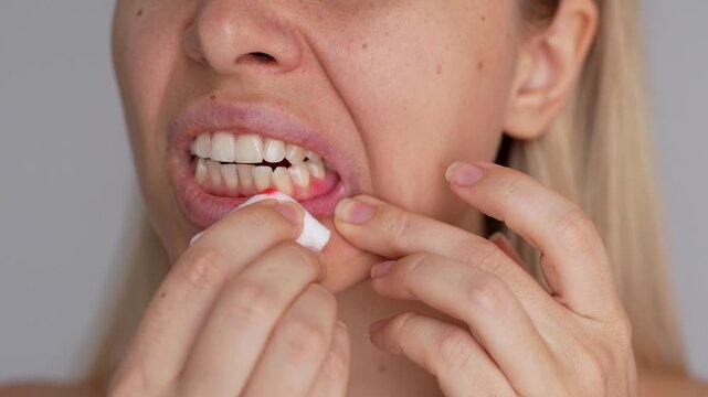 Young woman presses cotton pad to bleeding gums, demonstrating oral discomfort, inflamed gum tissue, tooth care problems and possible periodontal irritation