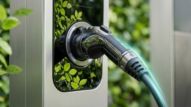 Electric Vehicle EV Charging Cable Plug connected to Eco Charging Station Concept
