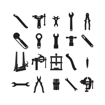 Collection of various hand tools and mechanical equipment silhouettes with tool icons wrench set industrial equipment workshop tools repair kit maintenance tools garage equipment silhouette ico