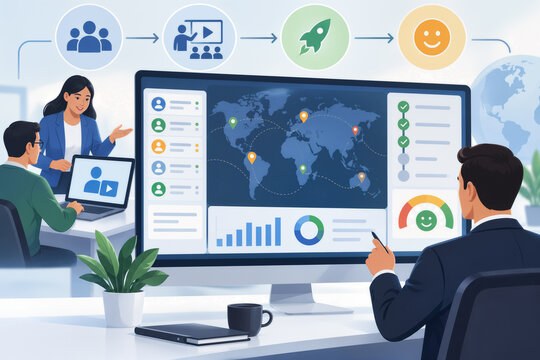 Global account monitoring dashboard for client relationship management and user training workflow tracking go live milestones customer satisfaction metrics with account manager oversight