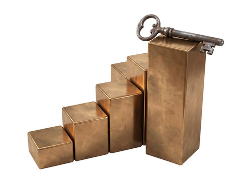 3D Bronze Ascending Steps Chart with Vintage Key at the Top on Black Background