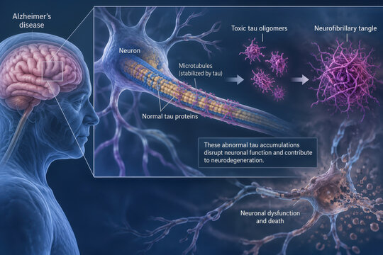 Toxic tau oligomers and neurofibrillary tangles Alzheimer's disease diagram showing neuron microtubules tau protein accumulation disrupting neuronal function and neurodegeneration