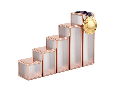 3D Rose Gold and Glass Ascending Steps with Gold Medal on Black Background