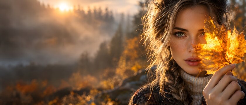 Macro close up portrait of beautiful young woman with braided hair holding golden maple leaf near face inside misty autumn forest under morning sun rays, fall beauty banner with copy space