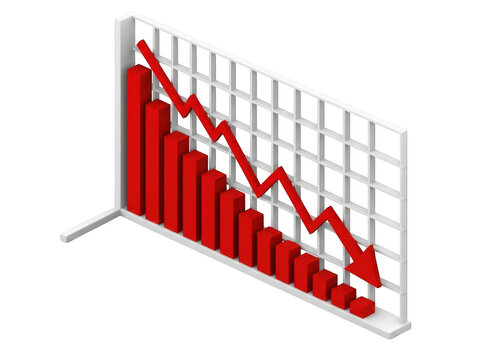 Red bar chart with a downward trend line, isolated on transparent background