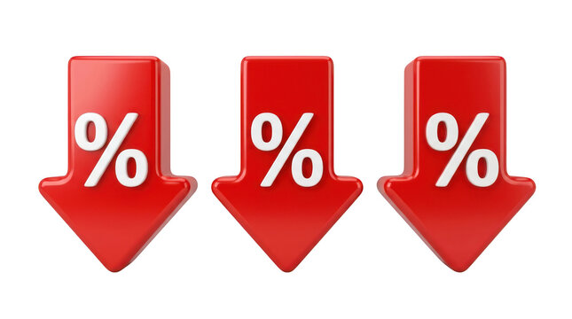 Three red 3d arrows pointing downwards with percentage symbols isolated on transparent background