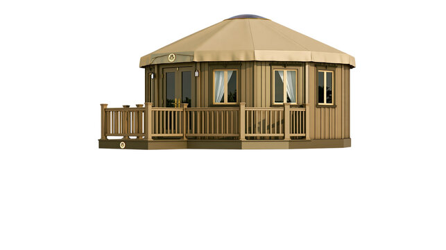 Modern beige luxury yurt with wooden deck and windows isolated on transparent background PNG cutout