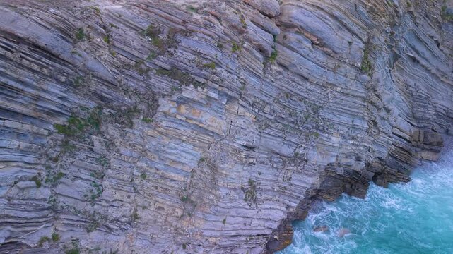 Aerial view from a drone of the Flysch of Bizkaia on the Cantabrian Sea coast between Algorta and Bakio. Province of Bizkaia. Basque Country. Spain. Europe.