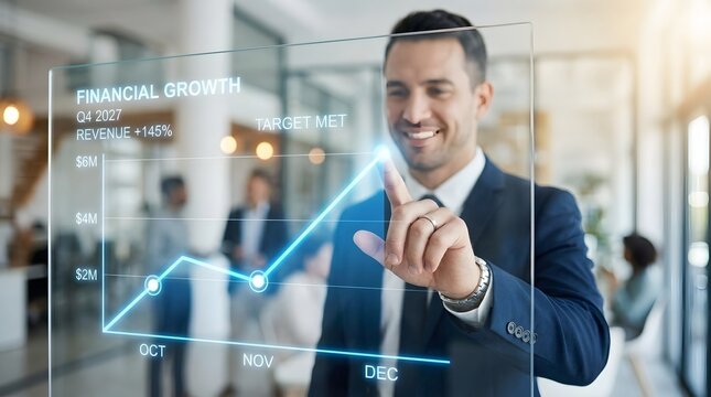 A self assured professional is seen engaging with a vibrant digital screen displaying positive growth charts in a contemporary office setting