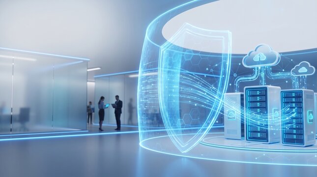 Cloud computing security shield protecting server racks in modern office
