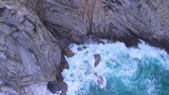 Aerial view from a drone of the Flysch of Bizkaia on the Cantabrian Sea coast between Algorta and Bakio. Province of Bizkaia. Basque Country. Spain. Europe.