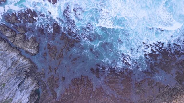 Aerial view from a drone of the Flysch of Bizkaia on the Cantabrian Sea coast between Algorta and Bakio. Province of Bizkaia. Basque Country. Spain. Europe.