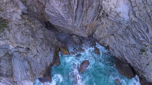 Aerial view from a drone of the Flysch of Bizkaia on the Cantabrian Sea coast between Algorta and Bakio. Province of Bizkaia. Basque Country. Spain. Europe.