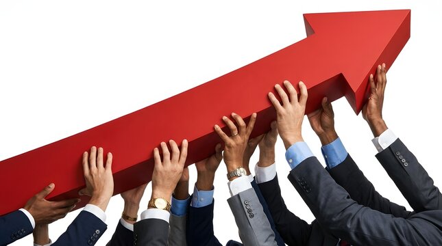 A diverse team of professionals working together to push a large red arrow upward representing business growth and collaborative success