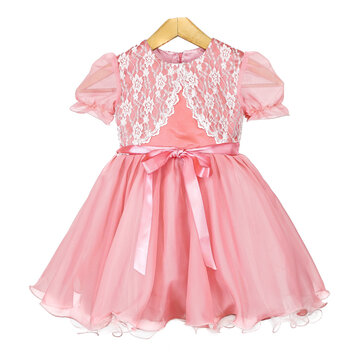   Pink girls party dress with white floral lace bodice, sheer puff sleeves and satin waist bow hanging on a wooden hanger against a clean white background.