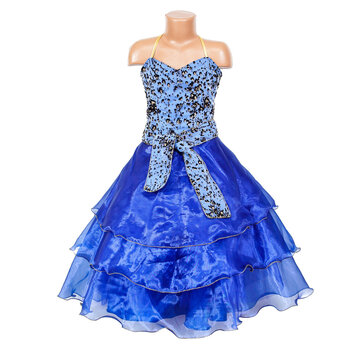 Elegant blue girls formal dress with a fitted patterned bodice, waist sash and layered organza skirt displayed on a child mannequin against a clean white background.