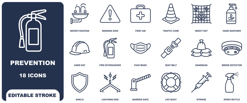 Prevention sheet 3 icon sheet featuring outline symbols of safety equipment, fire extinguisher, first aid kit, and warning signs on dark background