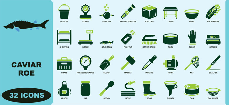 Caviar and sturgeon roe processing equipment set featuring thirty two flat symbols for food production facilities in a green and dark blue color scheme for industrial applications